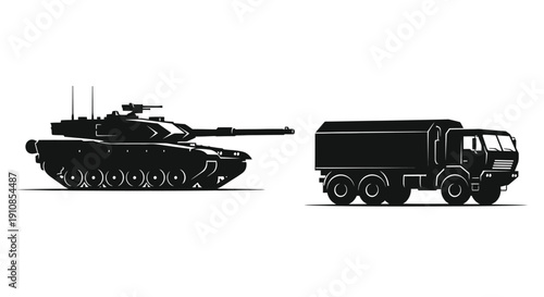 Black silhouette illustration of a tank and military transport truck