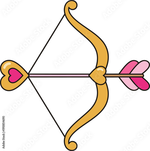 A golden bow and arrow with a heart-shaped tip, symbolizing love and affection, in a simple illustration
