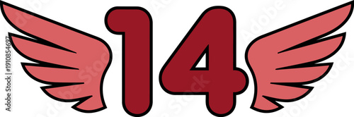 Illustration of the number fourteen with wings, symbolizing freedom and strength in a bold graphic representation