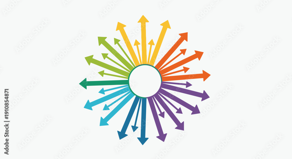 Obraz premium Colorful Arrows Spreading Radially from a Central Point, Symbolizing Diversity and Expansion on Isolated White Background