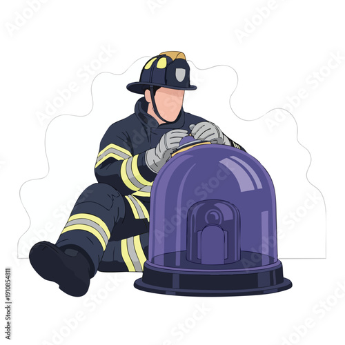Firefighter activating emergency light. Fireman in uniform. Safety equipment.