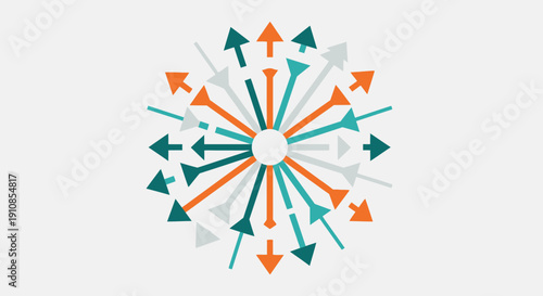 Multi-Directional Arrows Spreading Radially from a Central Point, Symbolizing Diversity and Options on Isolated White Background
