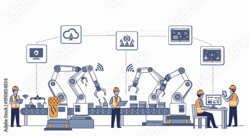 Smart Factory Automation with Industrial Robots and Engineers Monitoring Production via Cloud Computing in Bright Studio Background