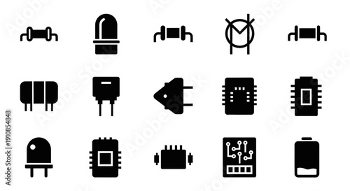 Set of Black Silhouette Icons Representing Various Electronic Components and Parts on Isolated White Background