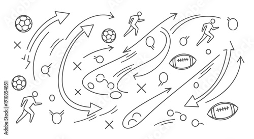 Energetic Doodle Art of Sports Elements, Arrows, and Movement Lines Depicting Various Athletic Activities in Bright Studio Background