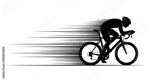 Silhouette of a Fast Cyclist on a Racing Bike with Dynamic Speed Lines on Isolated White Background