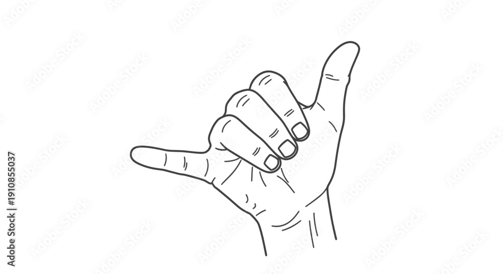 Obraz premium Hand making a shaka gesture line art on isolated white background