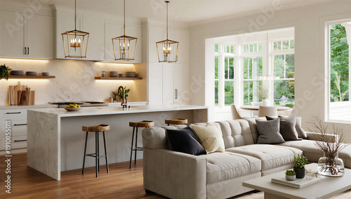 Photos Modern living room and kitchen with natural light and comfortable furniture