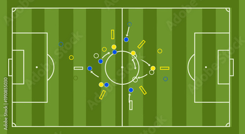 Soccer field showing strategic player positions and ball movement during a game, top view