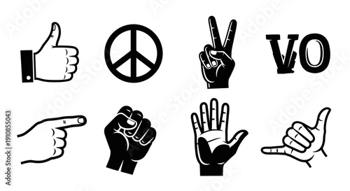 Diverse set of black hand gestures icons including thumbs up, peace sign, and V for victory on isolated white background