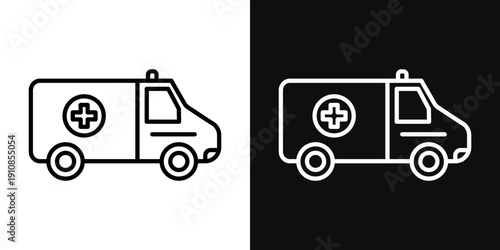 Ambulance icons set in black and white thin line stroke