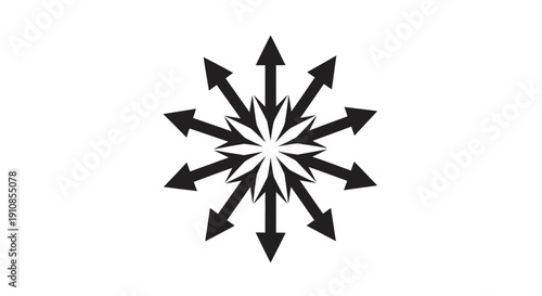Black arrows radiating outwards from a central point on isolated white background