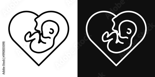 Baby in stomach icons set in black and white thin line stroke