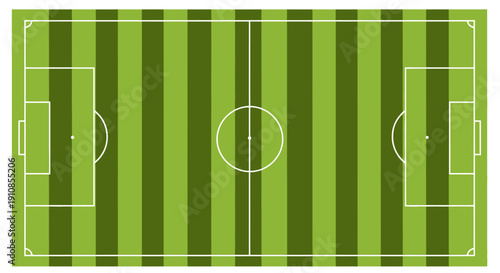 Top view of a green soccer field with markings, simple flat graphic design
