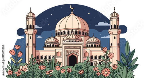 A beautifully illustrated mosque with domes and minarets, surrounded by lush flowers and plants under a starry night sky with a crescent moon.