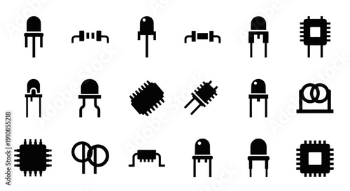 Set of black silhouette electronic components, resistors, LEDs, and microchips, isolated white background