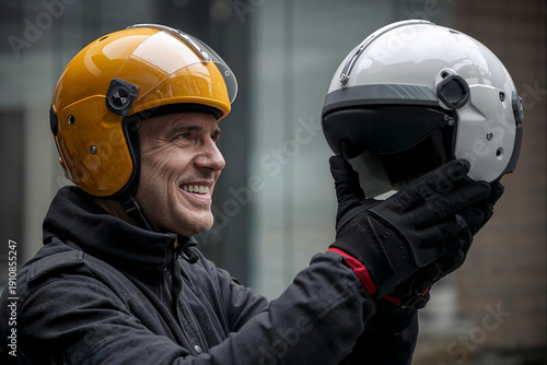Motorcyclist choosing new helmet in retail store