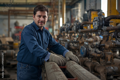 Plumber in Blue Overalls Repairing Industrial Metal Pipes