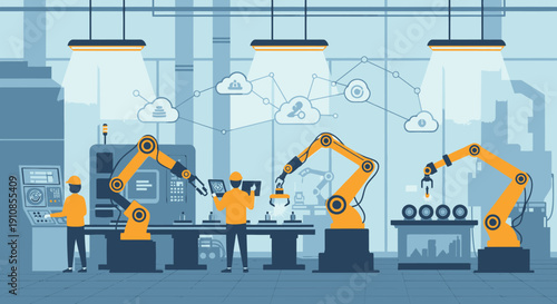 Vector illustration of business people and workers at a construction site featuring heavy equipment and industrial tower cranes for urban building development