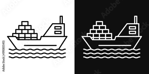 Cargo ship icons set in black and white thin line stroke
