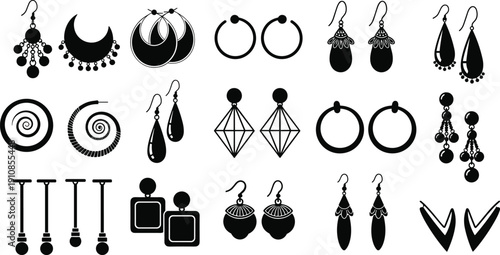 Black Earrings Silhouettes Set with Hoop Drop Stud Geometric Spiral and Boho Styles Vector Jewelry Collection Isolated on White Background