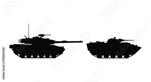 Silhouettes of two military tanks against a plain white background