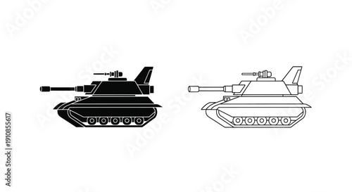 Black and white line art illustrations of two military tanks