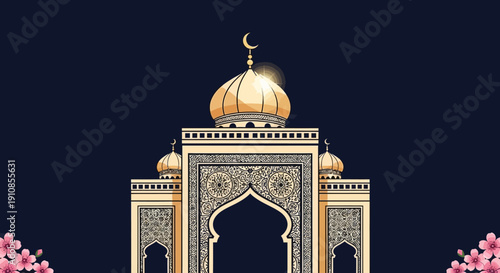 A beautifully illustrated Islamic mosque with a golden dome and intricate patterns against a dark blue background, adorned with pink flowers.