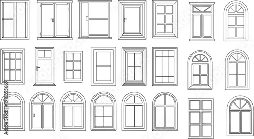 Architectural window designs collection, decorative frames illustration, rectangular and arched styles, creative pane layouts, construction and interior design set