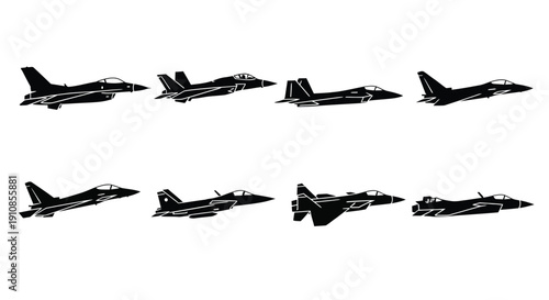 Silhouettes of fighter jets in various flight positions depicted in black