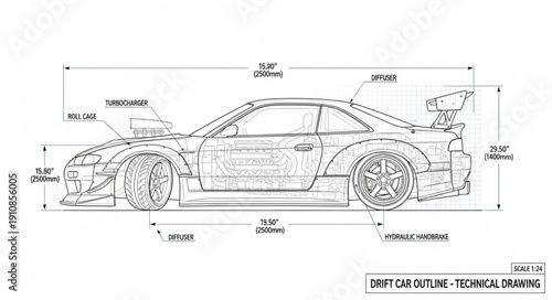 Technical Drawing of a Sports Car Blueprint.
