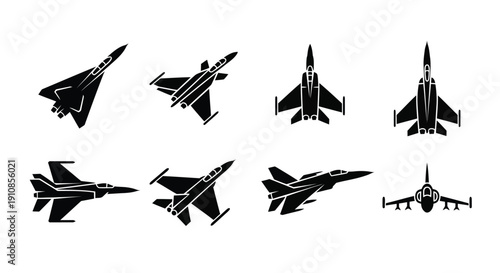 Black silhouettes of various fighter jets displayed in different orientations