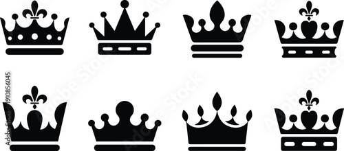 Black silhouette set of royal crowns and majestic tiaras featuring luxury fleur de lis ornaments jeweled headbands and elegant king or queen authority symbols, (