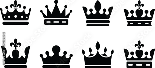 Obraz Black silhouette set of royal crowns and majestic tiaras featuring luxury fleur de lis ornaments jeweled headbands and elegant king or queen authority symbols, (