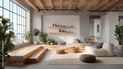 Serene Interior: A sunlit, airy interior space, boasting a minimalist aesthetic with natural wood elements, an expansive window framing an urban view.