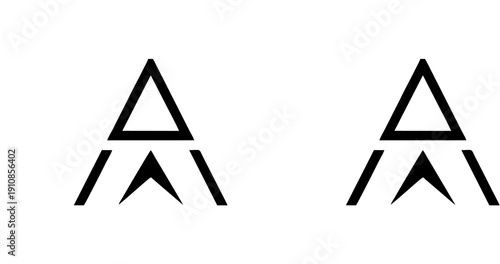 Minimal abstract vector illustration with two geometric black symbols, triangular tops, downward arrows, and angled lines, one symmetrical and one asymmetrical, on white background.
