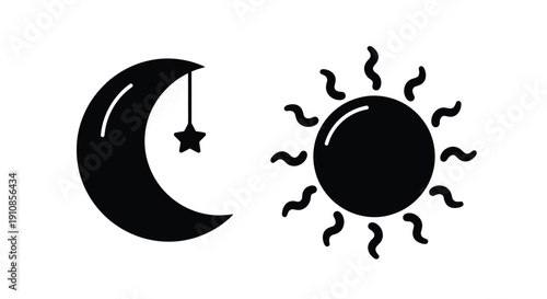 Simple graphic of a crescent moon and sun with radiating lines