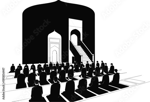 Black and white illustration of Muslim congregation inside mosque, worshippers seated facing mihrab and minbar, Islamic architecture, Friday prayer, religious sermon, spirituality