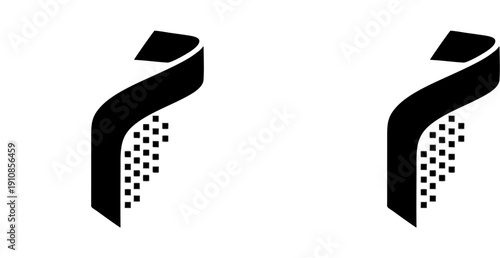 Minimal abstract vector illustration with two mirrored black ribbon-like shapes featuring angular tops and dotted grid patterns, positioned side by side on a white background.