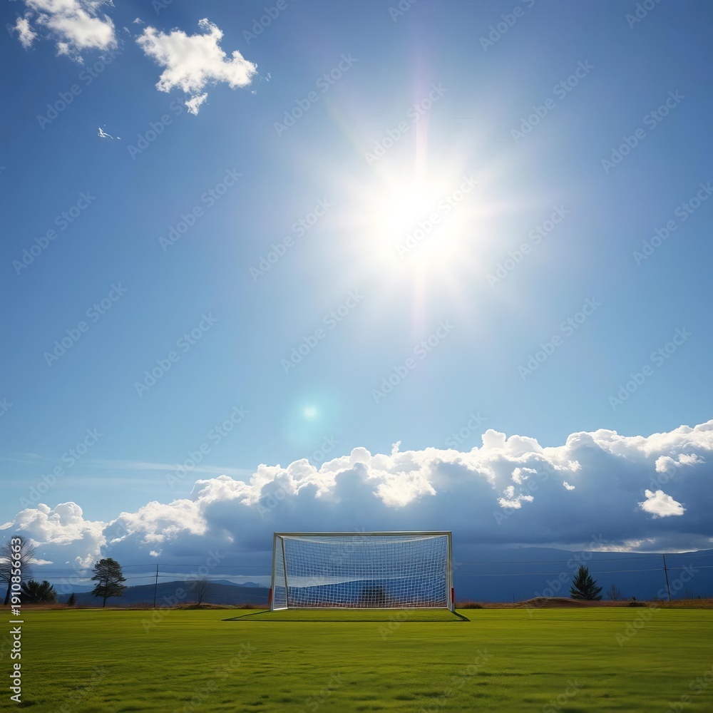 Fototapeta premium Goal posts on a sunny day with clouds drifting by, goalposts, landscape