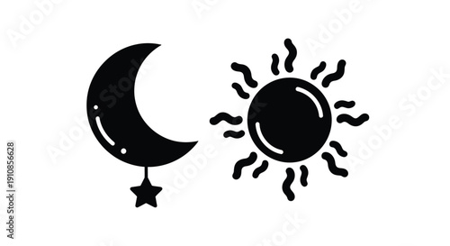 Simple black illustration depicting a crescent moon and a radiant sun