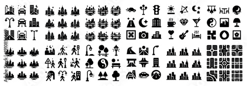 Cityscape silhouettes and urban icons set