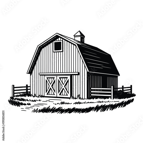 A detailed black and white illustration of a classic rural barn structure