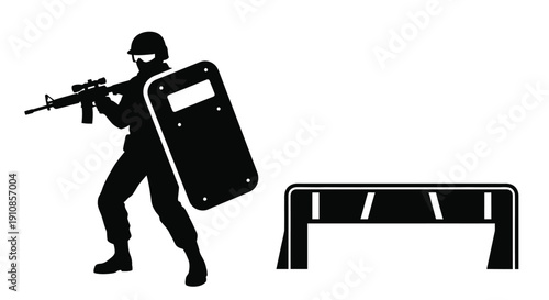 Silhouette of a riot police officer with shield and weapon near barriers