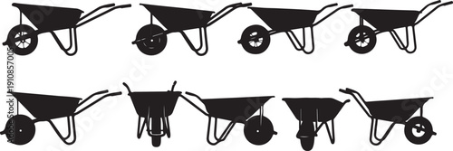 Row of nine (9) empty vintage wheelbarrows isolated on white background flat design vector illustration