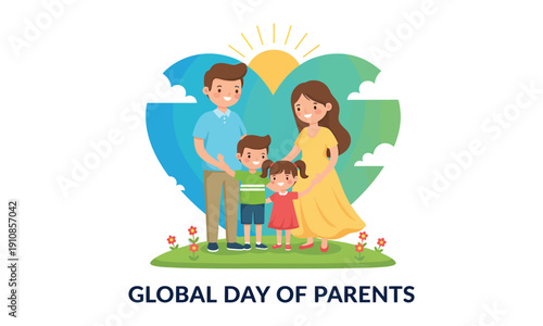 Global day of parents celebrating parenthood togetherness family. Happy family with parents and children hugging, celebrating global day of parents
