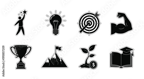 Black and white icons depicting success growth and achievement concepts