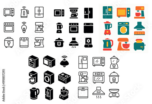 Kitchen appliances icons set in various styles