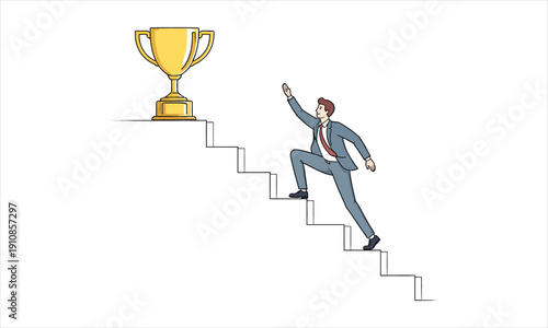 Ambitious professional ascending staircase, striving for business success and a golden award