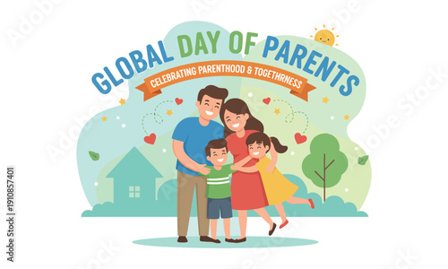 Global day of parents celebrating parenthood togetherness family. Happy family with parents and children hugging, celebrating global day of parents